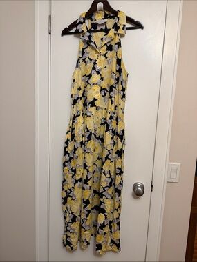 Clovis Ruffin Saks Fifth Avenue Vintage Linen Yellow Floral Midi Halter  Dress M